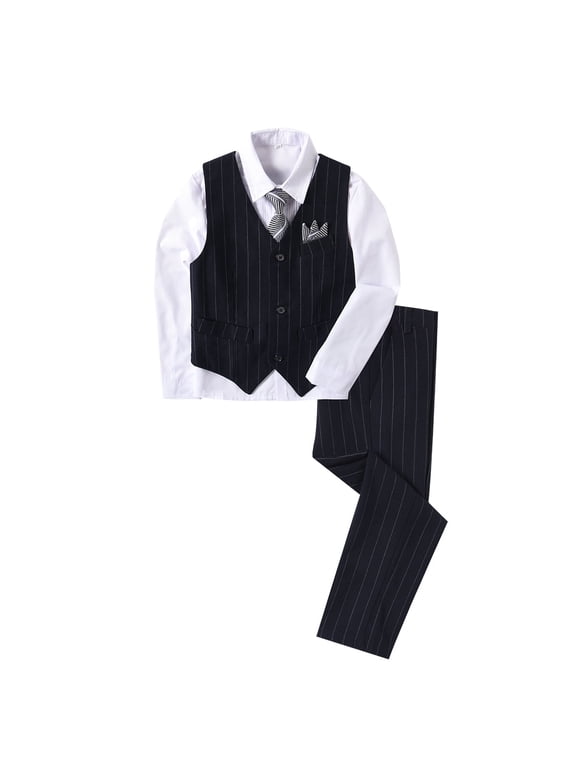 Boys Suit Boys' Suits Kids Ring Bearer Outfit Toddler 4Pcs Suit Set First Communion Suits for Boys Black Stripe 8Years