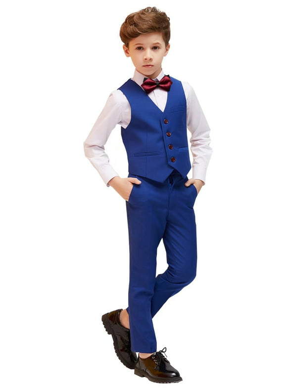 Boys Suit Boys' Suits Kids Ring Bearer Outfit Toddler 4Pcs Suit Set First Communion Suits for Boys Royal Blue Size 3T