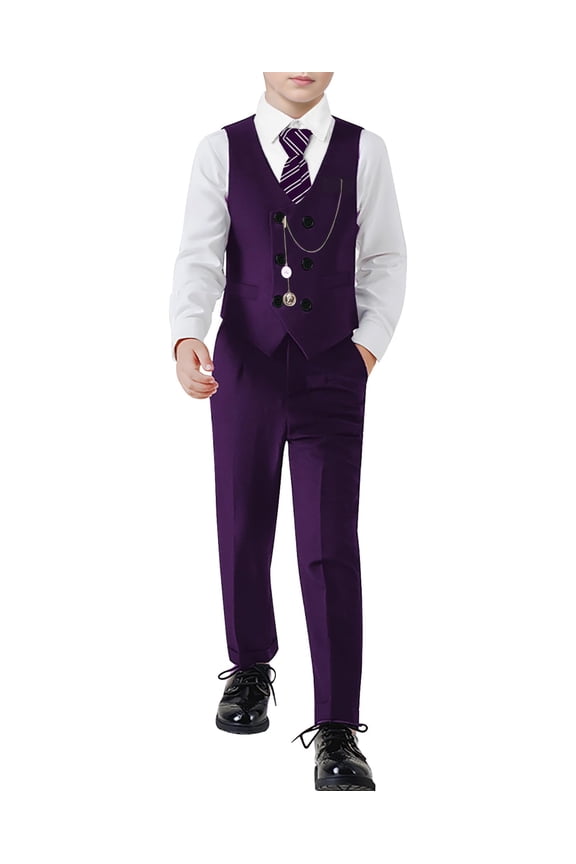 Boys Suit Formal Dress Clothes Big Boy Wedding Outfit Vest+Pants+Dress Shirt+Chain+Adjustable Tie 6-10Y