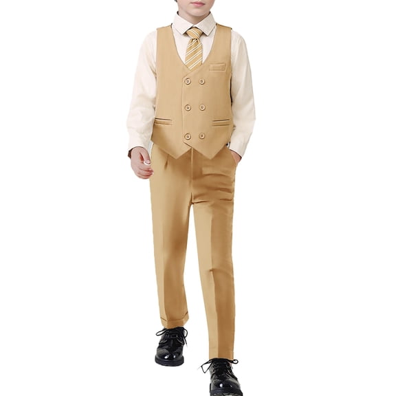 Boys Suit Formal Dress Clothes Big Boy Wedding Outfit Vest Pants Dress Shirt Chain Adjustable Tie 6-10Y