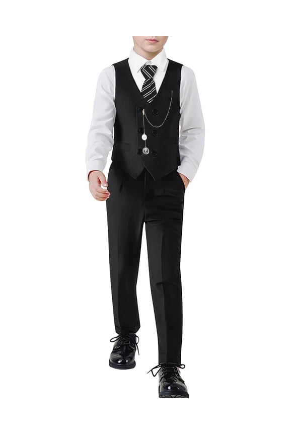 Boys Suit Formal Dress Clothes Big Boy Wedding Outfit Vest+Pants+Dress Shirt+Chain+Adjustable Tie 6-10Y