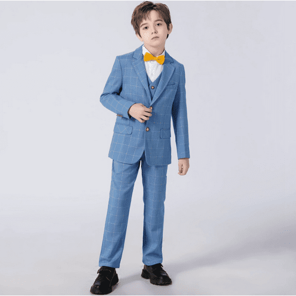 Boys Suits 5 Piece Set Slim Fit Blue Check Kids Wedding Outfit Boys Dresswear Up Size 6 Years