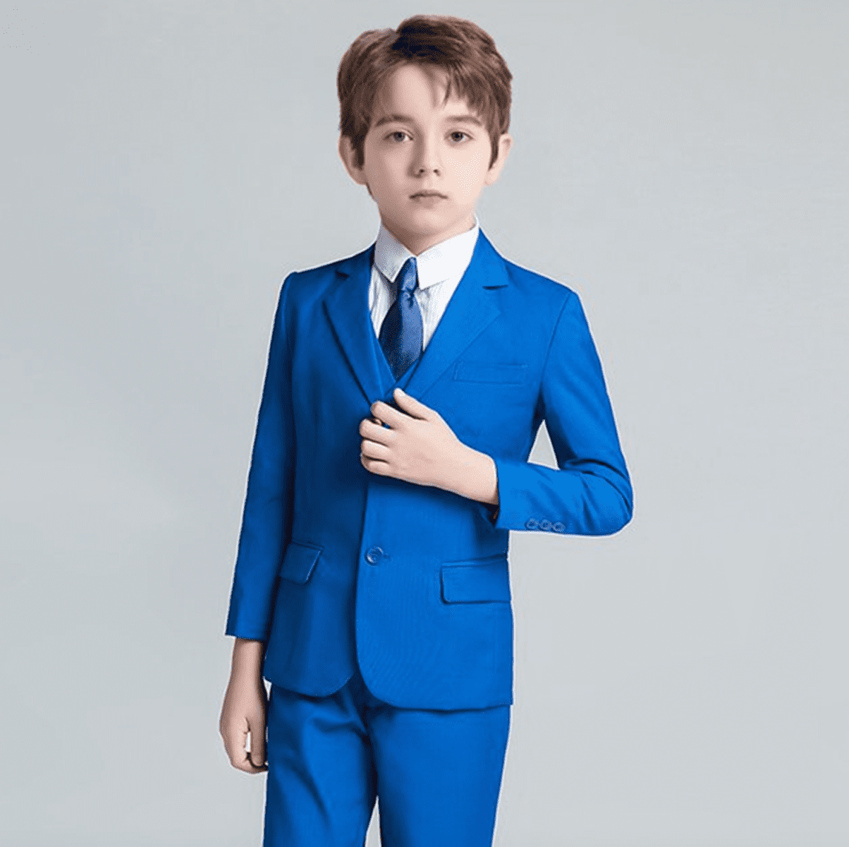 SIRRI Boys' Italian Design Slim Fit Check Suit - 3 Piece Wedding & Formal Outfit (Navy Check)