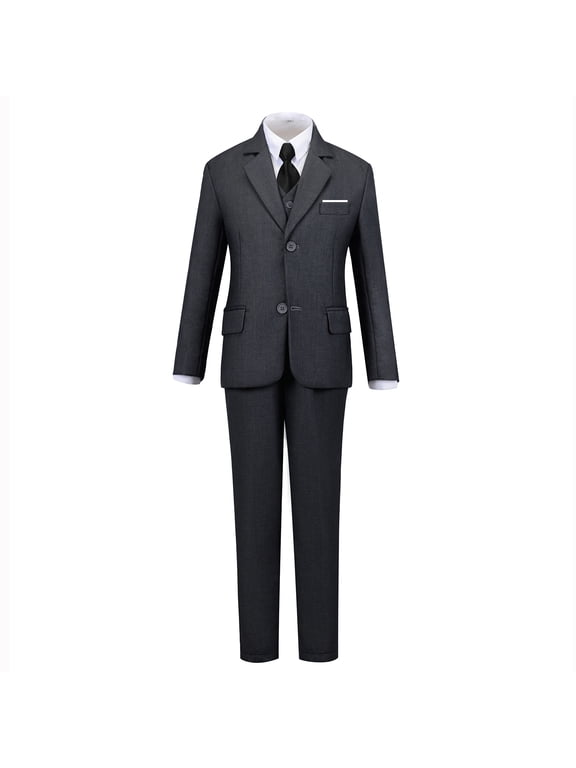 Boys Suits 5 Pieces Fit Pants Dark Gray Outfit Formal Suit for Wedding Jacket Vest Pants Collared Dress Shirt and Tie