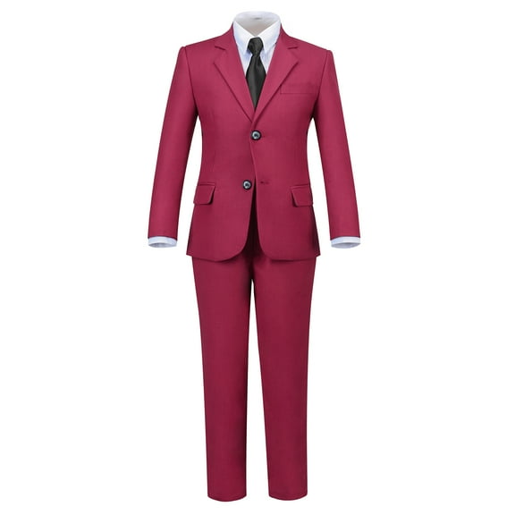 Boys Suits 5 Pieces Fit Pants Wine Red Outfit Formal Suit for Wedding Jacket Vest Pants Collared Dress Shirt and Tie