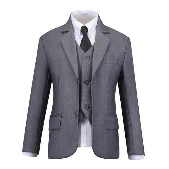 Boys Suits 5 Pieces Slim Fit Pants Medium Gray Outfit Formal Suit for Wedding Jacket Vest Pants Collared Dress Shirt and Tie