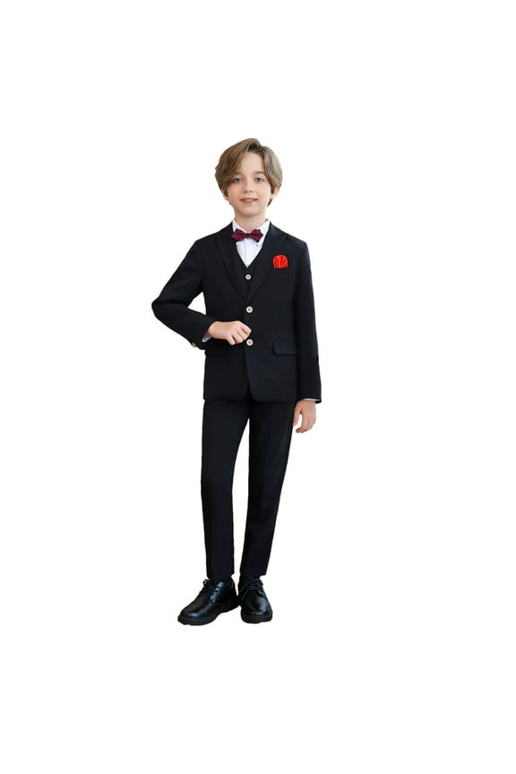 Boys Suits Blazer Jacket Dress Shirt & Pants Vest Bow Tie Pocket Square 6 Piece Tuxedo Set for Kids