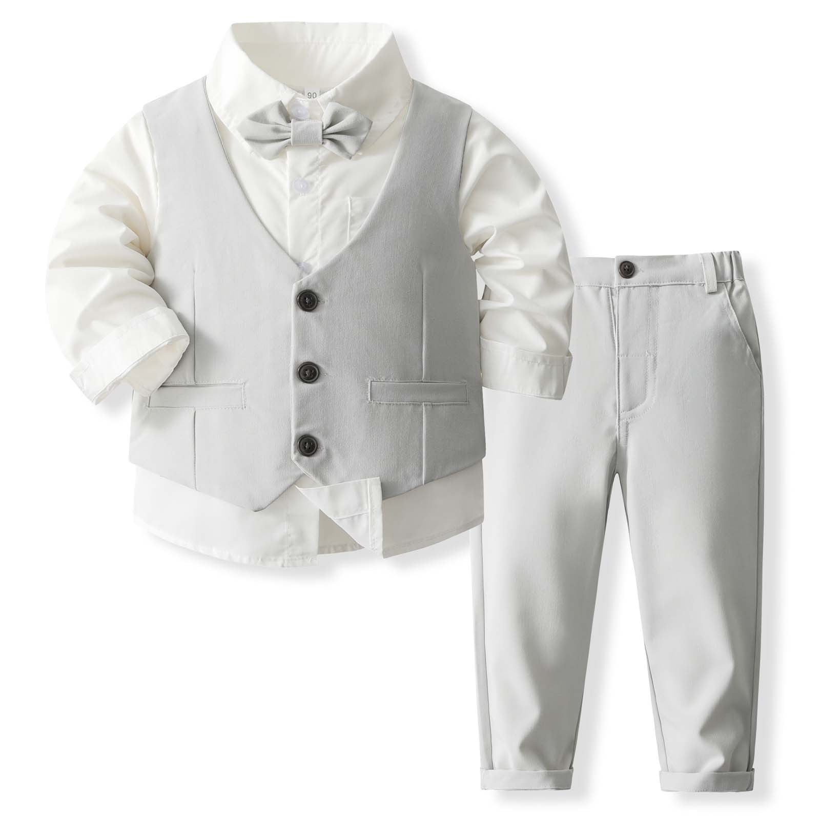 Gray Baby Boy Formal Suit – 4-Piece Set with Blazer, Shirt, Pants & Bow Tie