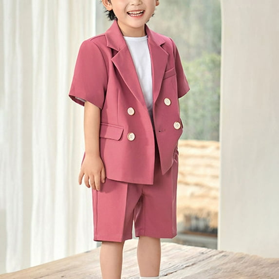 Boys Suits Set with Pockets 2 Piece Formal Blazers Outfits Size 2-12 Toddlers Kids Short Sleeve Button-Down Shirts Shorts School Uniform Set