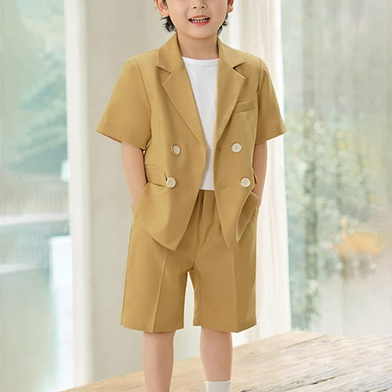 Boys Suits Set with Pockets 2 Piece Formal Blazers Outfits Size 2-12 Toddlers Kids Short Sleeve Button-Down Shirts Shorts School Uniform Set
