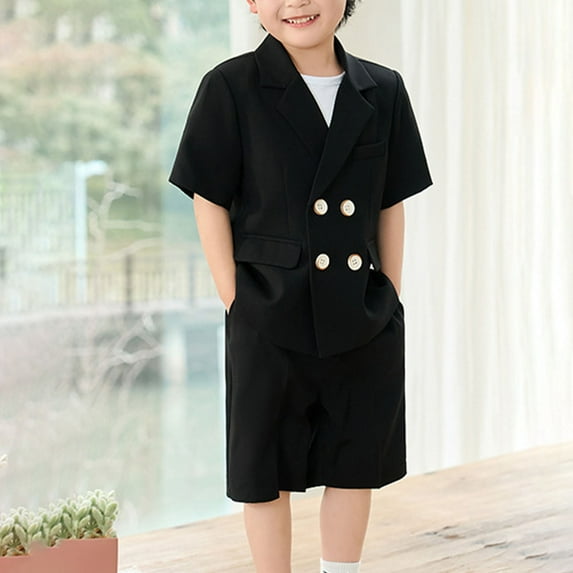 Boys Suits Set with Pockets 2 Piece Formal Blazers Outfits Size 2-12 Toddlers Kids Short Sleeve Button-Down Shirts Shorts School Uniform Set