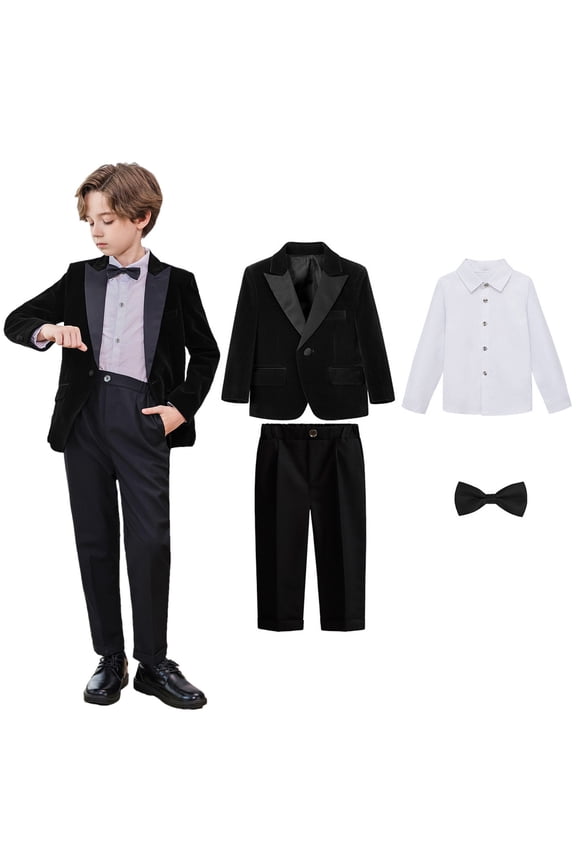 Boys Suits Slim Fit 4 Piece Formal Dresswear Suit for Kids Tuxedo Wedding Set Toddler Boy Dress with Vest Shirt Pants and Tie Black 2-3 Years