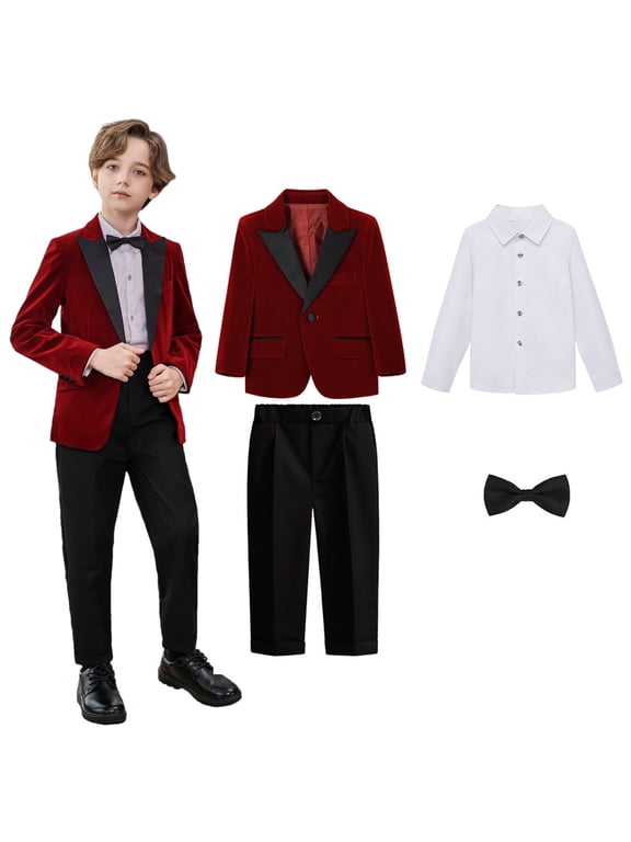 Boys Suits Slim Fit 4 Piece Formal Dresswear Suit for Kids Tuxedo Wedding Set Toddler Boy Dress with Vest Shirt Pants and Tie Wine 7-8 Years