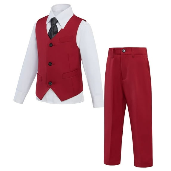 Boys' Suits Slim Fit 4 Piece, Suit for Boys Adjustable Waist, Boys Formal Suit with Pants, Vest, Shirt, Tie, and Bow Tie