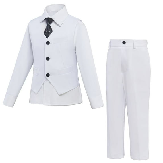 Boys' Suits Slim Fit 4 Piece, Suit for Boys Adjustable Waist, Boys Formal Suit with Pants, Vest, Shirt, Tie, and Bow Tie