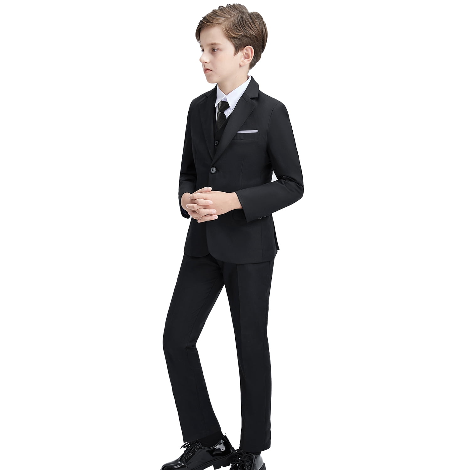 Boys' Suits Slim Fit 5 Pieces, Formal Suit Set for Wedding Teen Toddler Boy Dress Black，Sizes 2-16