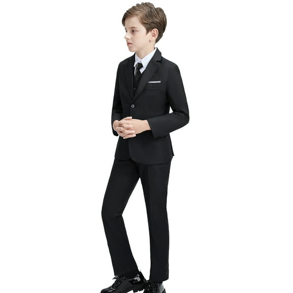 Boys' Suits Slim Fit 5 Pieces, Formal Suit Set for Wedding Teen Toddler Boy Dress Black，Sizes 2-16