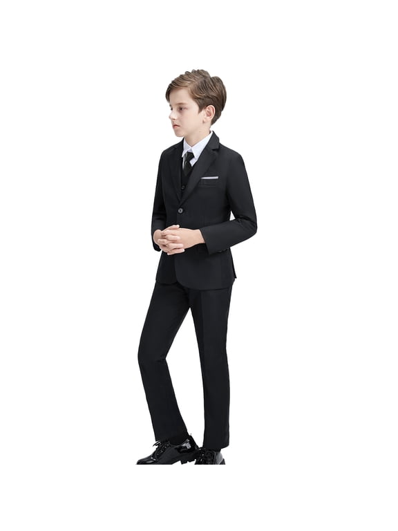 Slim Fit 5 Pieces, Formal Suit Set for Wedding Teen Toddler Boy Dress Black,Sizes 2-16