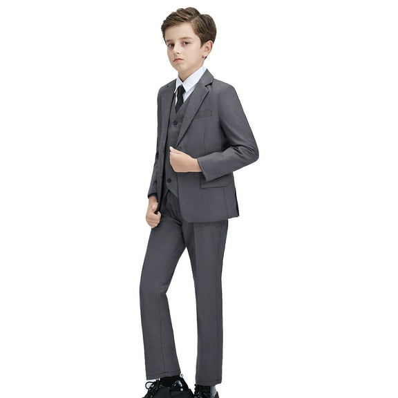 Boys' Suits Slim Fit 5 Pieces, Formal Suit Set for Wedding Teen Toddler Boy Dress gray，Sizes 4-16