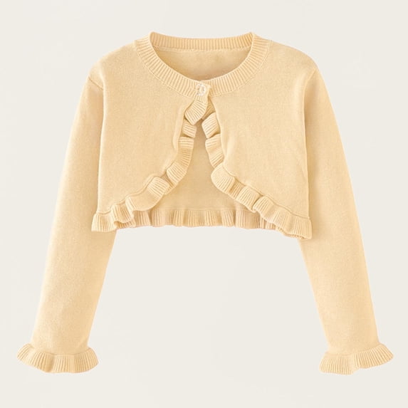 Boys Summer Cardigan Girls Cropped Knit Cardigan Solid Ruffle Button Lightweight Sweater Shrugs for Dress Formal Wedding Beige 5Y
