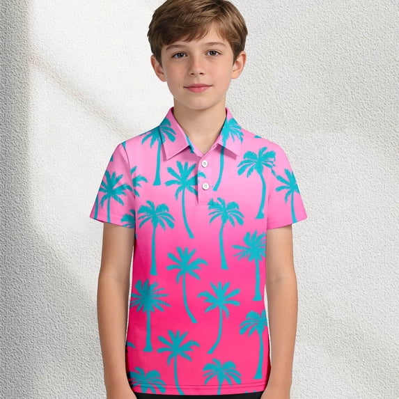 Boys Summer Casual Shirt|Short Sleeve Button Down with Tropical Palm Tree Print|Lightweight & Breathable Polyester Top|Smart Casual Wear for School, Outdoor, Daily Activities(Light Pink,11-12 Years)