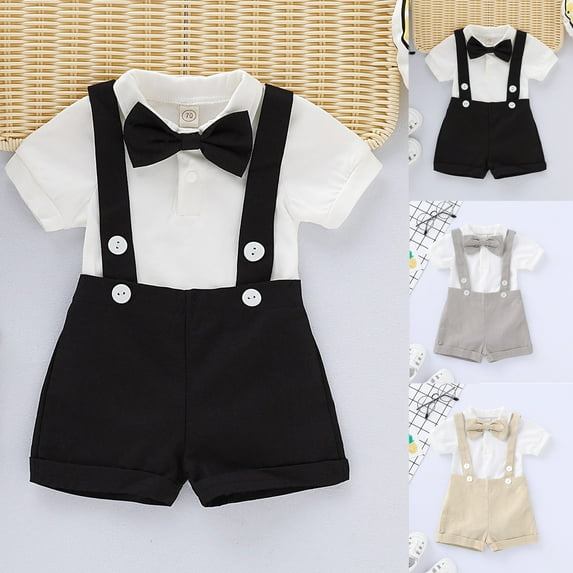 Boys Summer Clothes Formal Suit Short Sleeve Suspenders Shorts Pants Bowtie Wedding Tuxedo Beige Baby Outfits Boy 18-24 Months