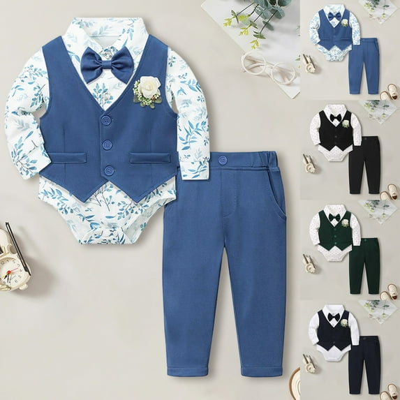 Boys Summer Clothes Suits Tuxedo Gentleman Formal Dress Shirt Vest Pants 3Pcs Sets Black Baby Boy Outfit 0-3 Months