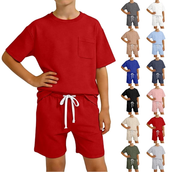 Boys Summer Clothes Short Sleeve Waffle Pocket Tshirts and Drawstring Shorts Boys Back to School Clothes Boys Two Piece Outfit Size 1-13 Years