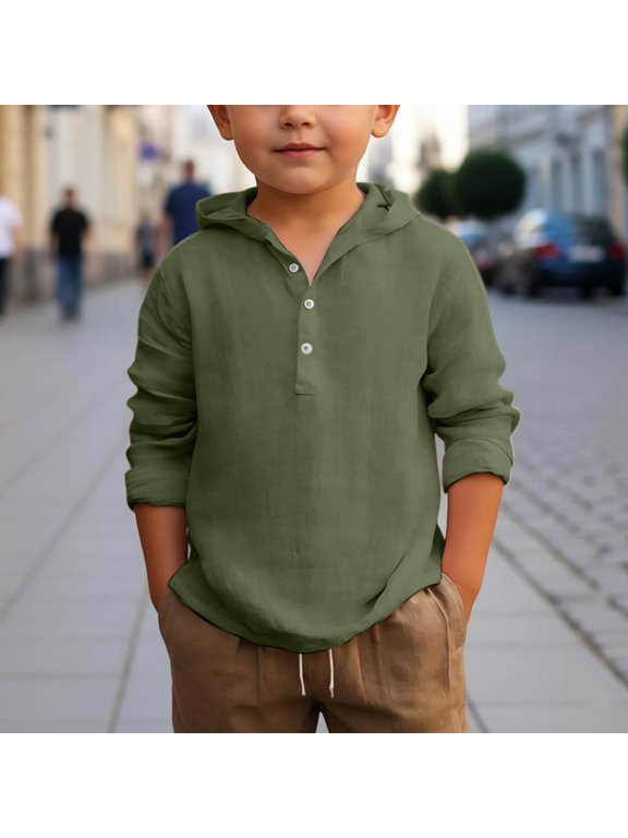 Boys Summer Hooded Shirt Long Sleeve Button Down Beach Top Breathable Solid Color Casual Wear for Daily Indoor Outdoor Activities, 8-9 Years, Dark Green