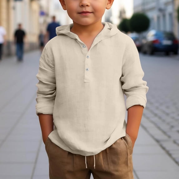 Boys Summer Hooded Shirt Long Sleeve Button Down Beach Top Breathable Solid Color Casual Wear for Youth Children Boys Cut off Shirt Toddler Boys Top Undershirts