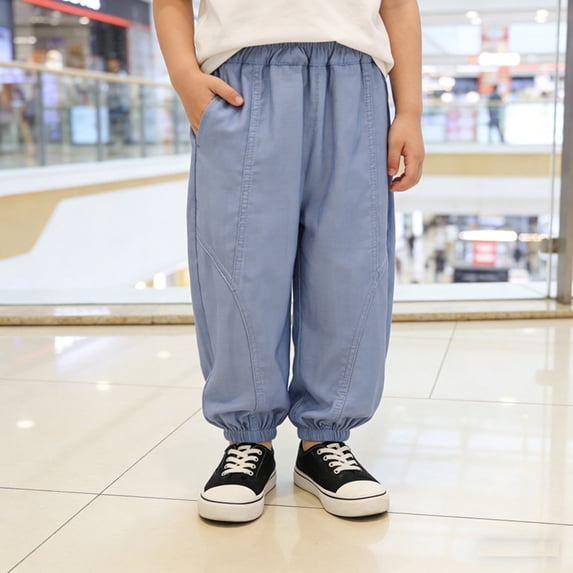 Boys Summer Lightweight Pants for Daily Casual Outdoor Wear - Loose Fit Joggers with Elastic Waist Breathable Long Trousers for 2-10 Years, 9-10 Years, Light Blue