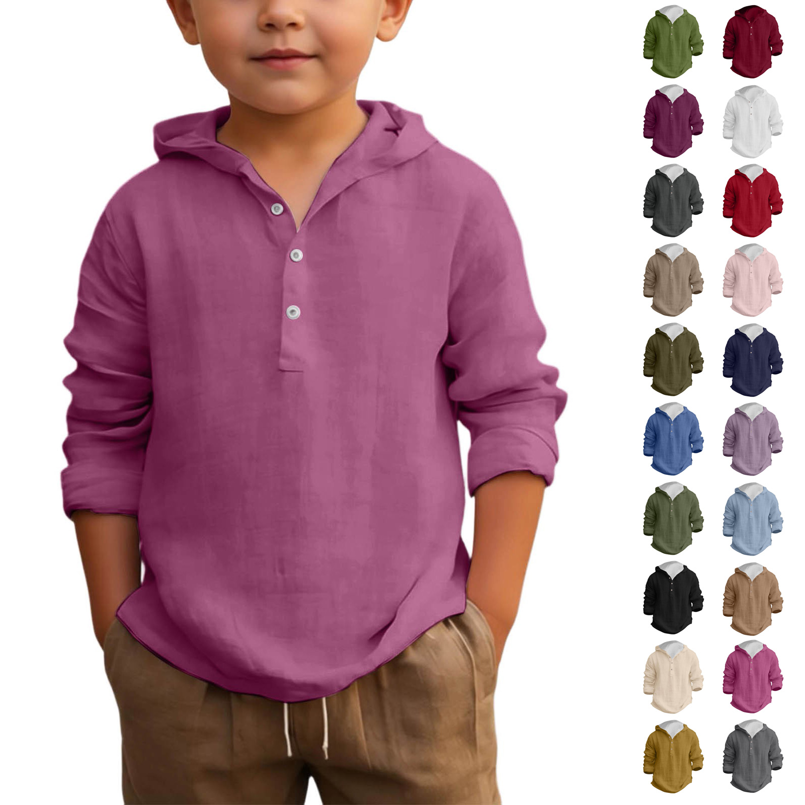 Boys Summer Linen Shirt with Hooded Long Sleeve Button Front Beach Top Breathable Casual Summer Pullover Top, Size 4T-17Y