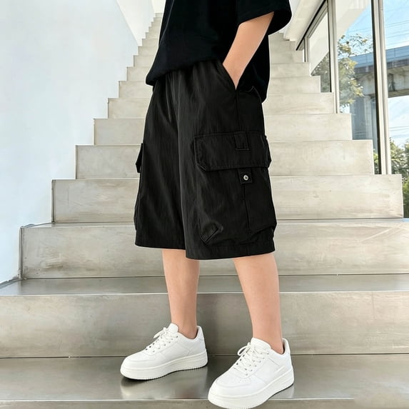 Boys' Summer Multi-Pocket Cargo Shorts, Lightweight 5-inch cut, ample storage space for outdoor and daily summer wear, 5-15 Years Black 9-10 Years