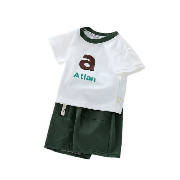 Boys' Summer New Letter Small A Solid Simple Set Boys' Thin Round Neck T-shirt Wearing Two Piece Set Fashion