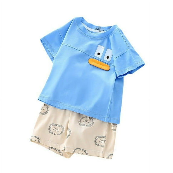 Boys' Summer New Solid Color Cartoon Little Yellow Duck Round Neck Short Sleeve T-shirt Set Casual Fashion Shorts Two Piece Set