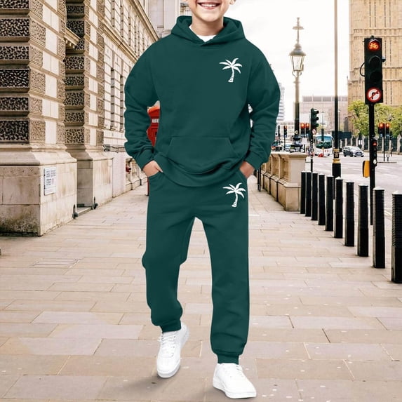 Boys Summer Outfits 2 Piece Long Sleeve Crew Neck Graphic Print Top And Jogger Pants for Daily Baby Boys' Clothing Sets Dark Green 10 Years-11 Years