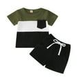 thumbnail image 1 of Boys Summer Outfits 2 Piece Patchwork Print Crew Neck Short Sleeve T Shirt And Pocket Shorts Set for Summer Casual Wear Baby Boys' Clothing Sets Army Green 18 Months-24 Months, 1 of 4