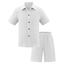 Boys Summer Outfits 2 Piece Set Short Sleeve Button Down Shirt and Shorts Casual Comfortable Loose Fit Clothing for Daily Wear Age 5-14