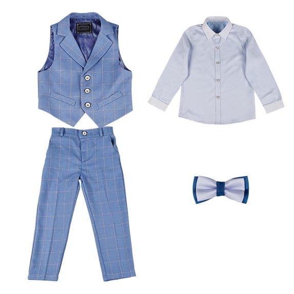 Boys Summer Outfits 4 Piece Lapel Long Sleeve Solid Print Shirt with Vest Trousers And Bow Tie formal Dress Suit for Speech Performances Boys' Clothing Sets Sky Blue 3 Years-4 Years