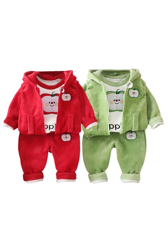 Boys Summer Outfits Apple Cartoon Fleece Long Sleeve Top Vest and Pants 3Pc Set Boys' Clothing Sets Green 3-4 Years