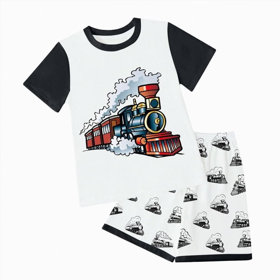 Boys Summer Outfits Cartoon Train Print Short Sleeve T-Shirt And Shorts 2-Piece Breathable Children Set
