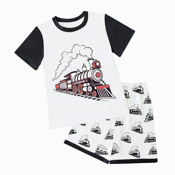 Boys Summer Outfits Cartoon Train Print Short Sleeve T-Shirt And Shorts 2-Piece Breathable Children Set
