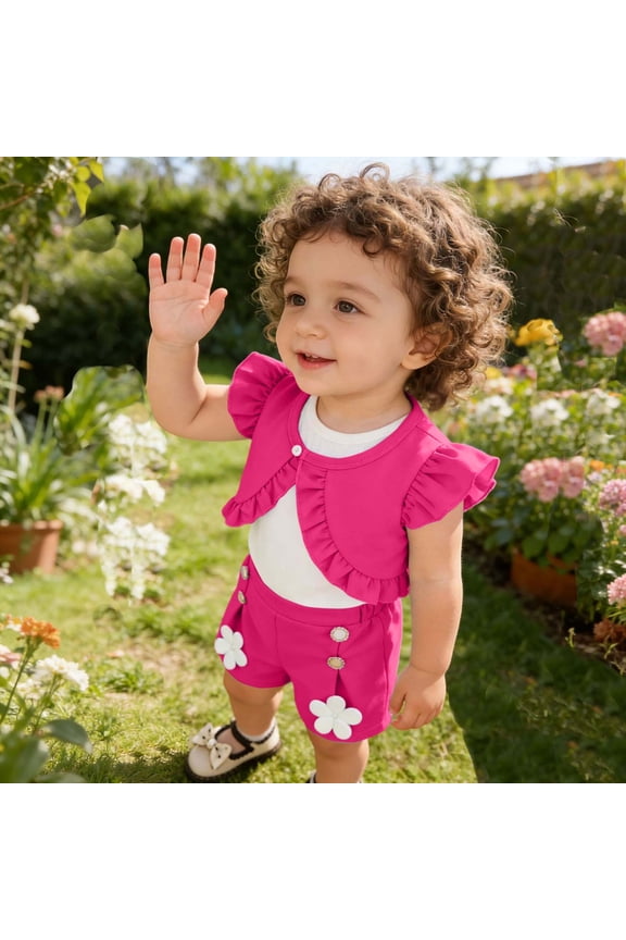 Boys Summer Outfits Fly Sleeve Ruffles Coat Vest Tops Skirts And Floral Shorts Summer Baby Boy Clothes Hot Pink 6 Months-9 Months