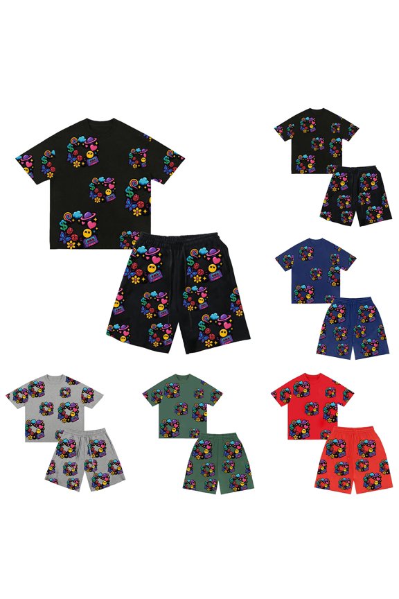 Boys Summer Outfits Fun Street Style Cartoon Print Crew Short Sleeve Two Piece Kids Light Soft Summer Daily Casual Outfit Set
