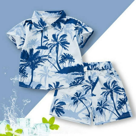 Boys Summer Outfits Hawaiian Style Toddler Kids Boys Tropical Print Shirt and Elastic Waist Shorts Set for Beach Vacation Baby Outfits Boy Blue 2 Years-3 Years
