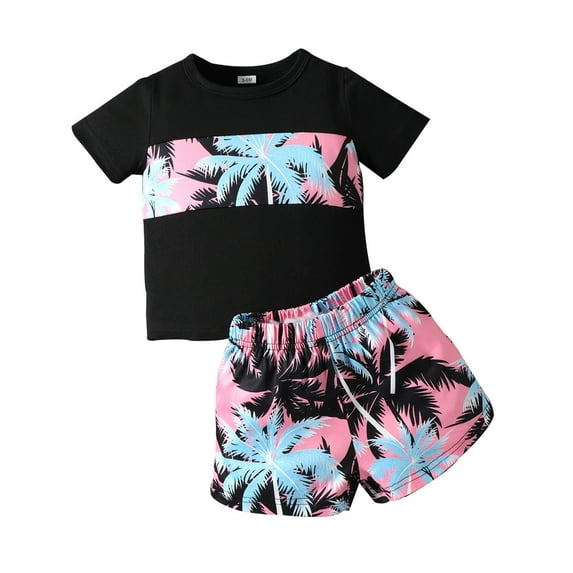 Boys Summer Outfits Kids Summer Short Sleeve Hawaii Floral Prints T Shirt and Shorts Outfits Toddler Beach Vacation Wear Toddler Boy Outfits Black 18 Months-24 Months