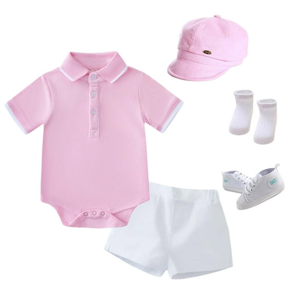 Boys Summer Outfits Party Romper Shorts Hat Socks Shoes 5 Piece Set Little Gentlemen Boys Clothes Pink 18 Months-24 Months