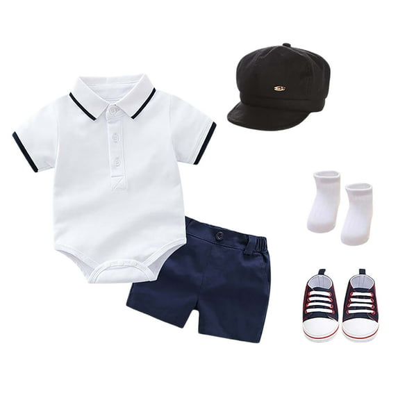 Boys Summer Outfits Party Romper Shorts Hat Socks Shoes 5 Piece Set Little Gentlemen Preemie Clothes Boys White 12 Months-18 Months