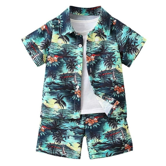 Big Boys Summer Outfits Sets Casual Beach Short Sleeve Shirt Shorts Two Piece Set Boys for Kids Size 8-9T