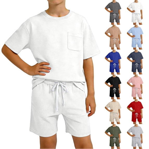 Boys Summer Outfits Short Sleeve Waffle Pocket Tshirts and Drawstring Shorts Boys Beach Outfit Boys 2 Piece Outfits Size 1-13 Years